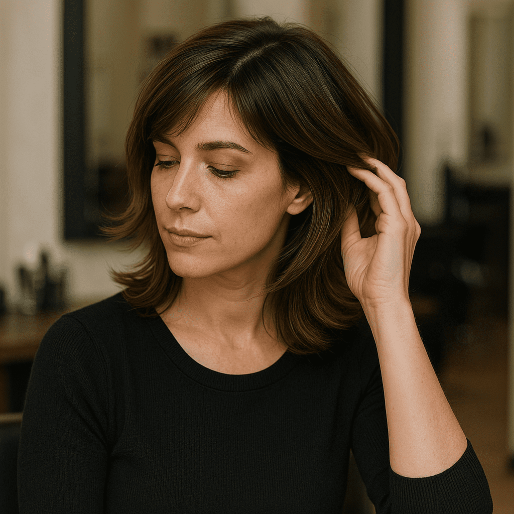 Persona con corte de pelo estilizado en salón de peluquería