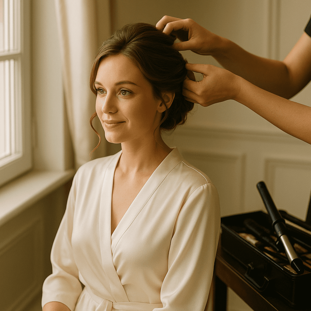 Profesional de peluquería realizando peinado a domicilio para evento